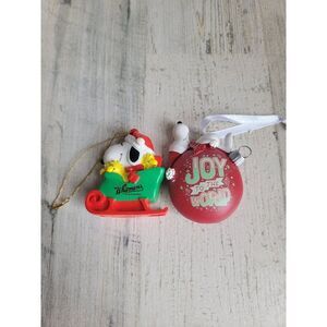 Snoopy Woodstock sled joy to the World ornament set Xmas